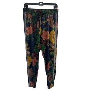 Johnny Was Silk Navy Multicolor Floral Print Jogger Pants Womens Size Small